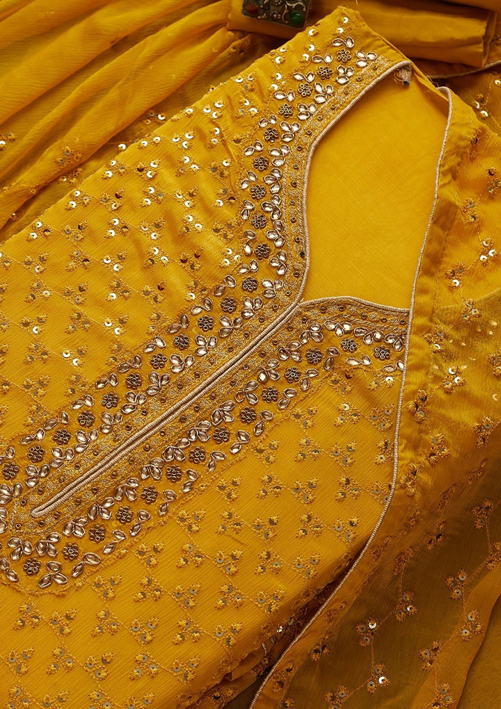 Yellow Sequins Georgette Unstitched Salwar Suit - Koskii