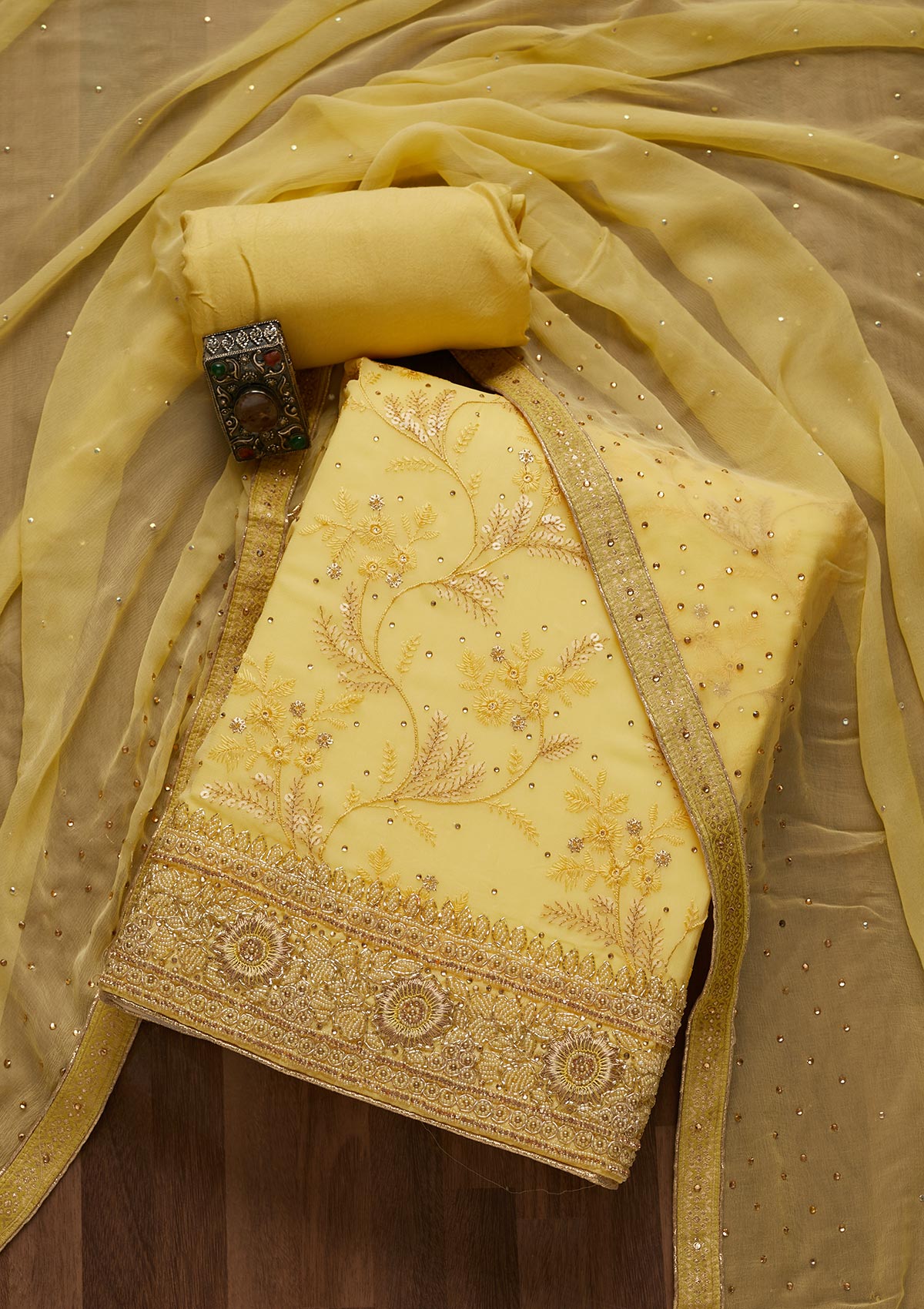 Yellow Sequins Georgette Unstitched Salwar Suit- Koskii