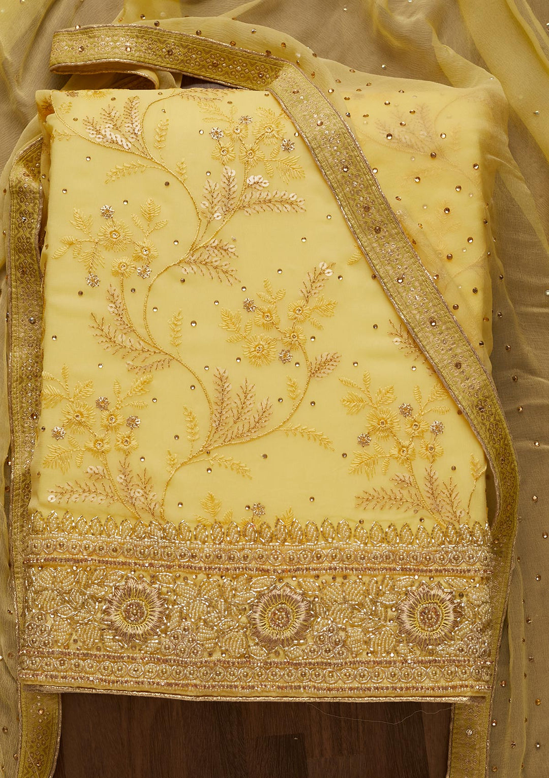 Yellow Sequins Georgette Unstitched Salwar Suit - Koskii
