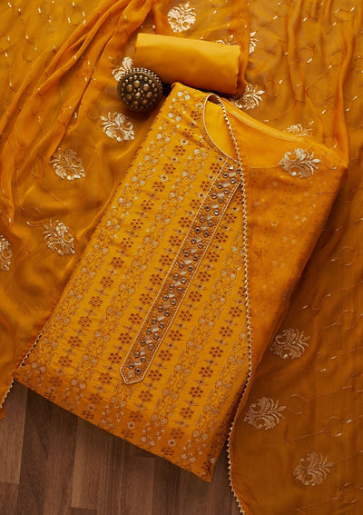 Yellow Sequins Georgette Unstitched Salwar Suit-Koskii