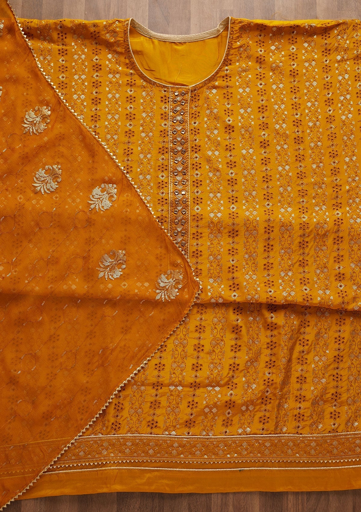 Yellow Sequins Georgette Unstitched Salwar Suit-Koskii