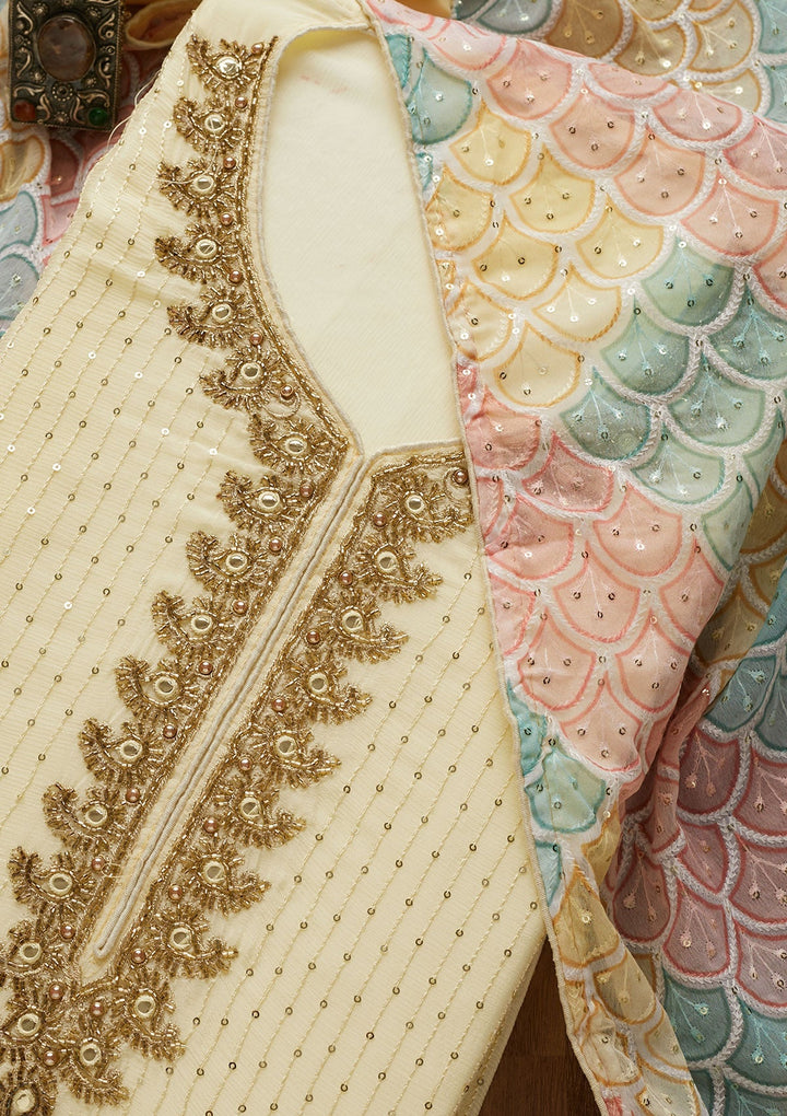 Yellow Sequins Georgette Unstitched Salwar Suit-Koskii