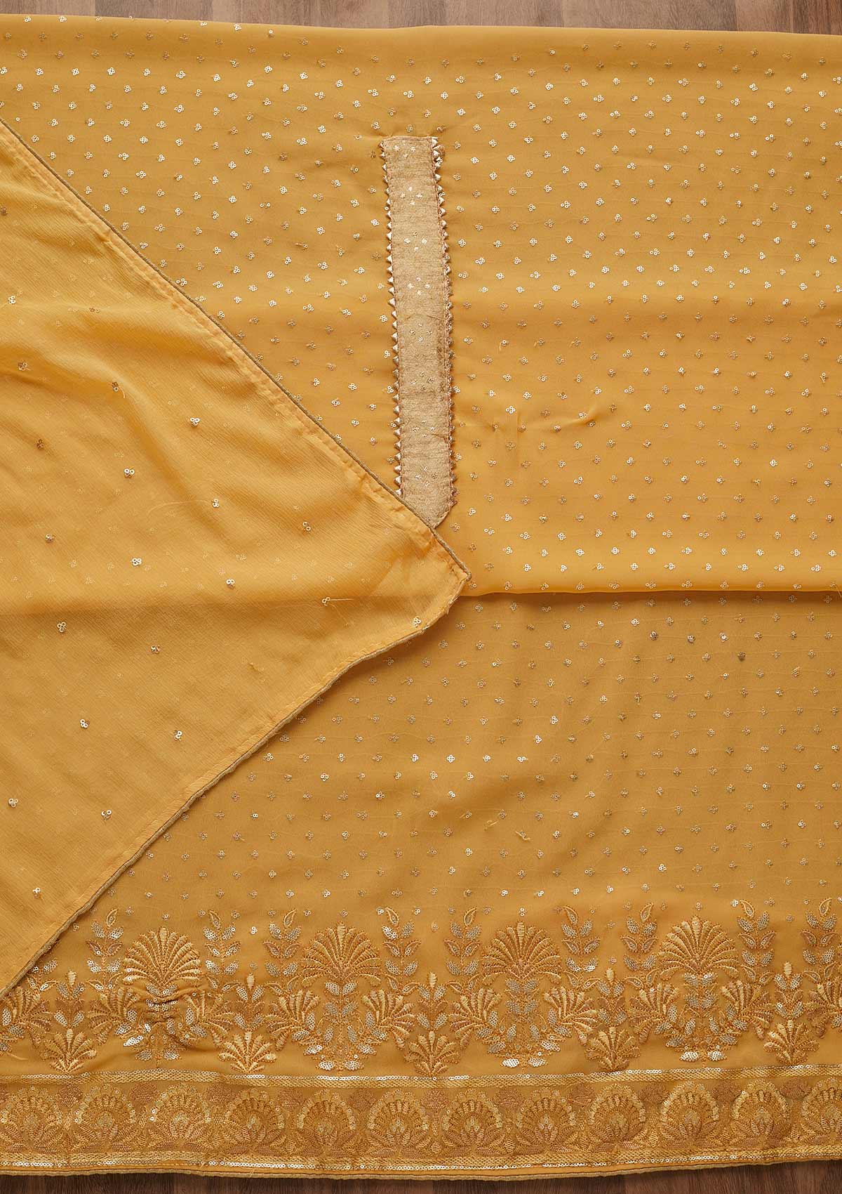 Yellow Sequins Georgette Unstitched Salwar Suit-Koskii