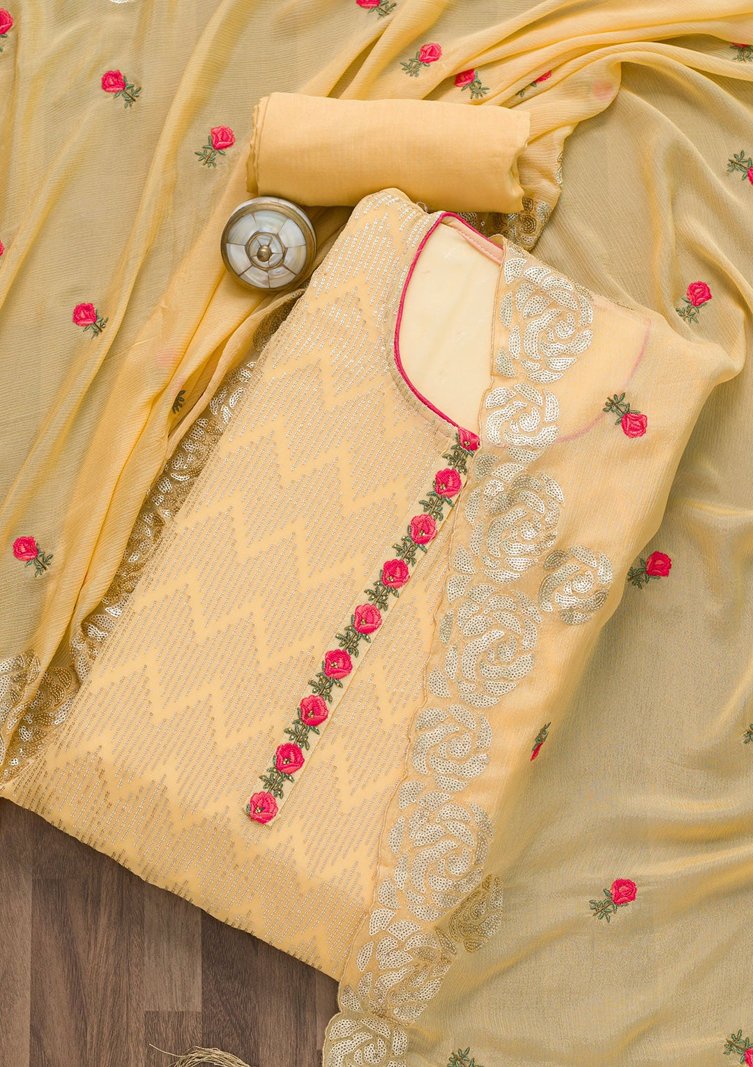Yellow Sequins Georgette Semi-Stitched Salwar Suit-Koskii