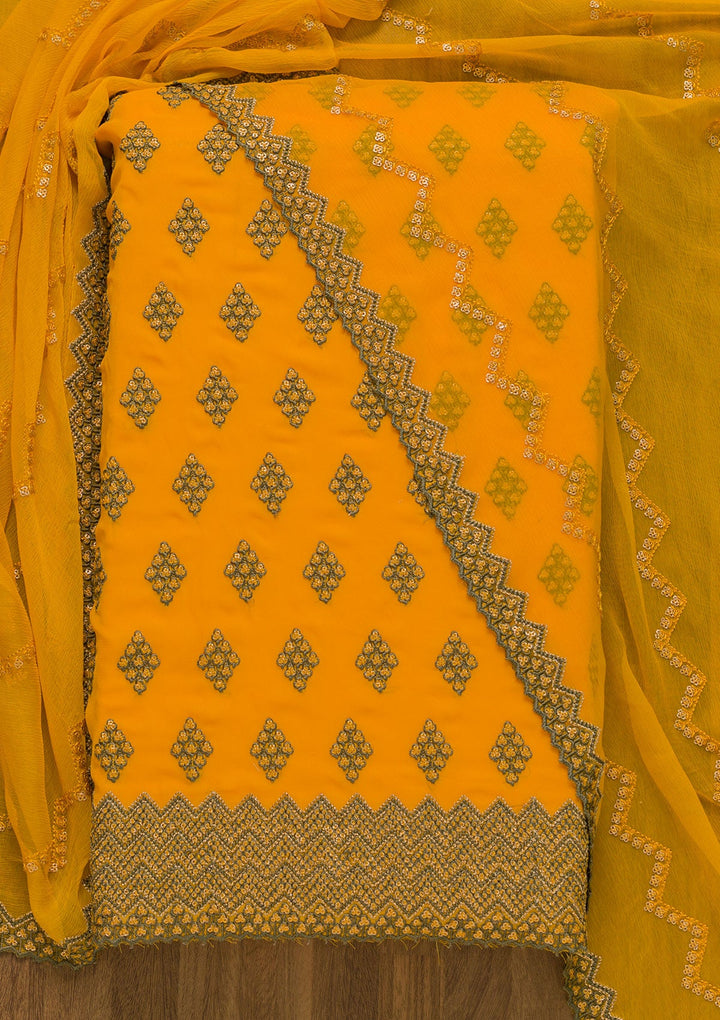 Yellow Sequins Georgette Unstitched Salwar Suit-Koskii