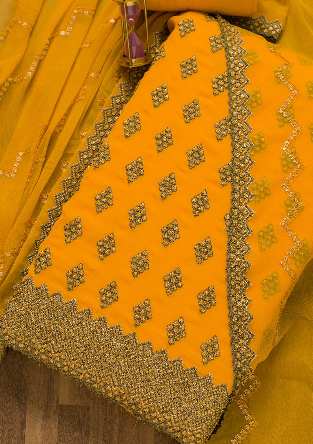 Yellow Sequins Georgette Unstitched Salwar Suit-Koskii