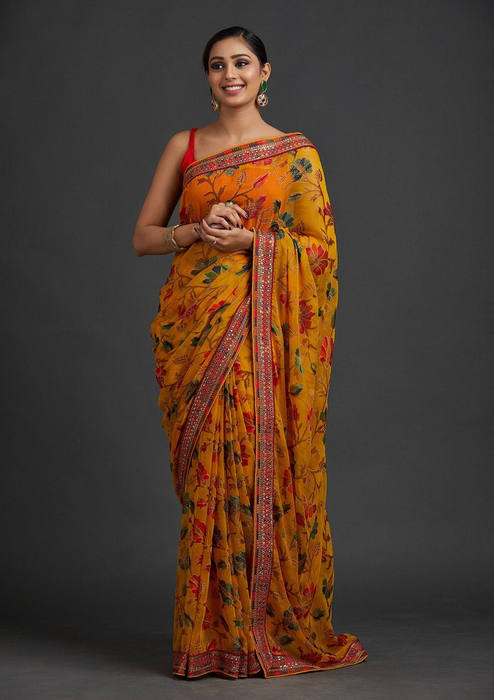 Yellow Sequins Georgette Designer Saree - koskii