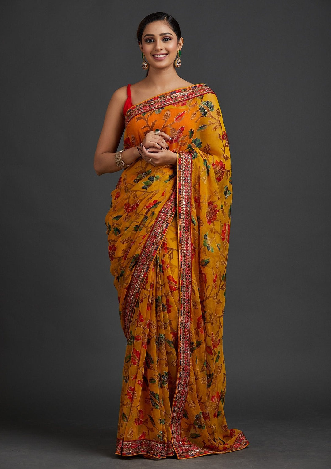 Yellow Sequins Georgette Designer Saree - koskii