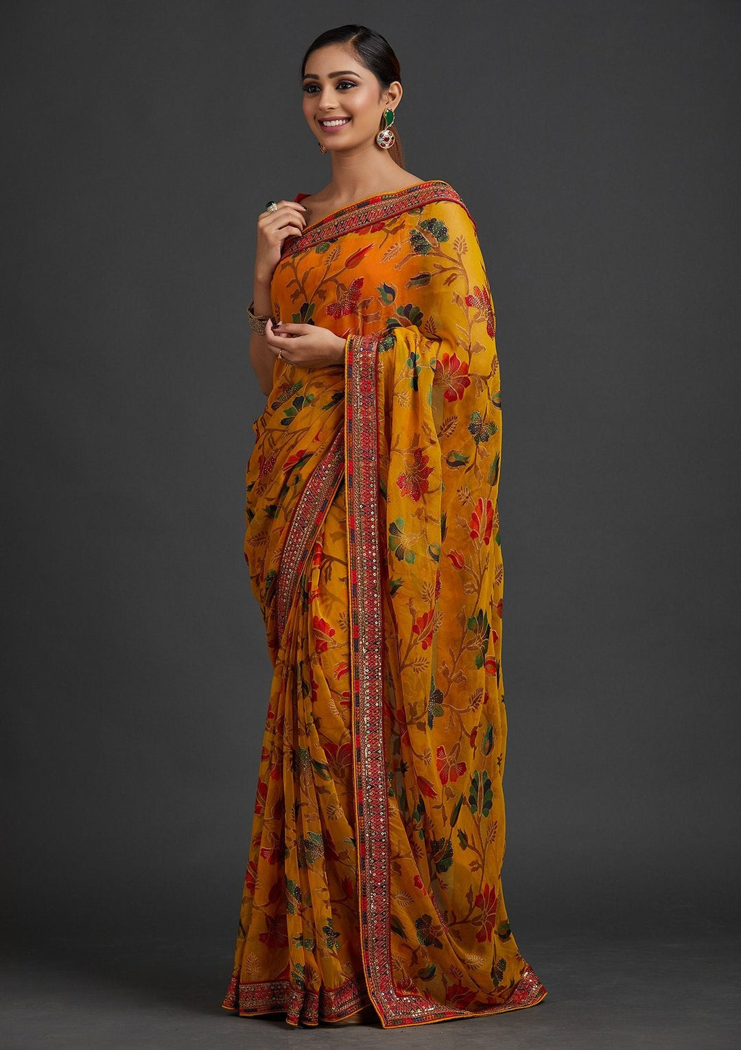 Yellow Sequins Georgette Designer Saree - koskii