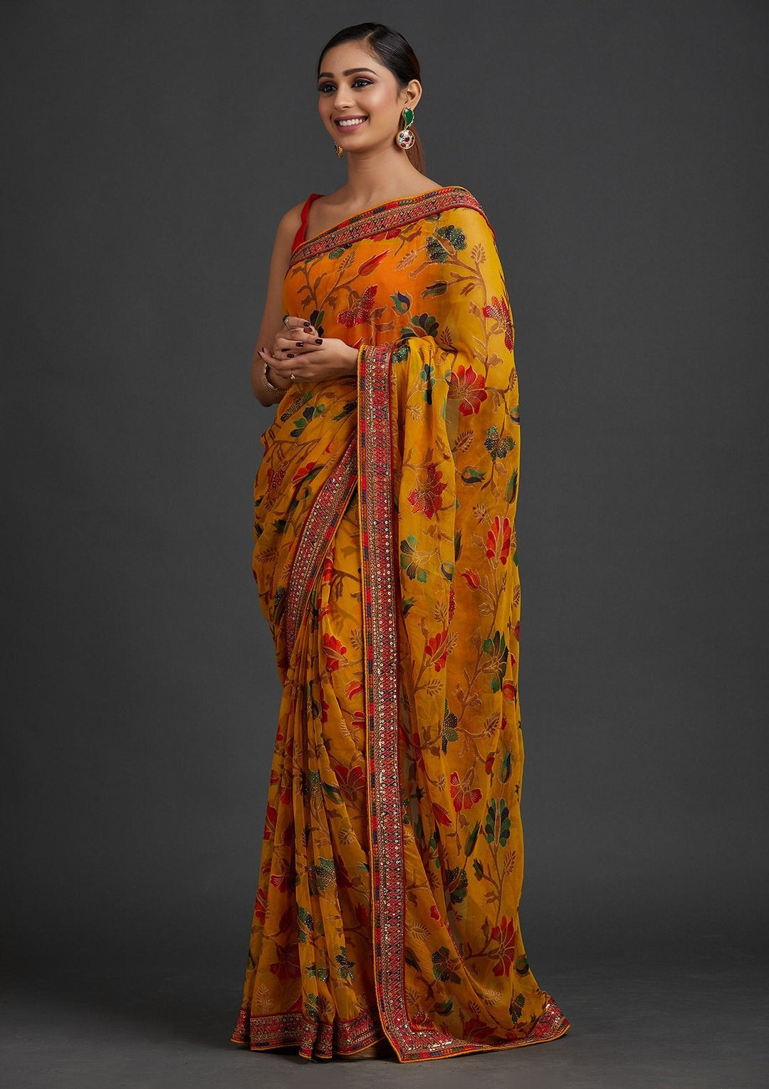 Yellow Sequins Georgette Designer Saree - koskii