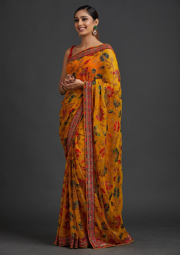Yellow Sequins Georgette Designer Saree - koskii