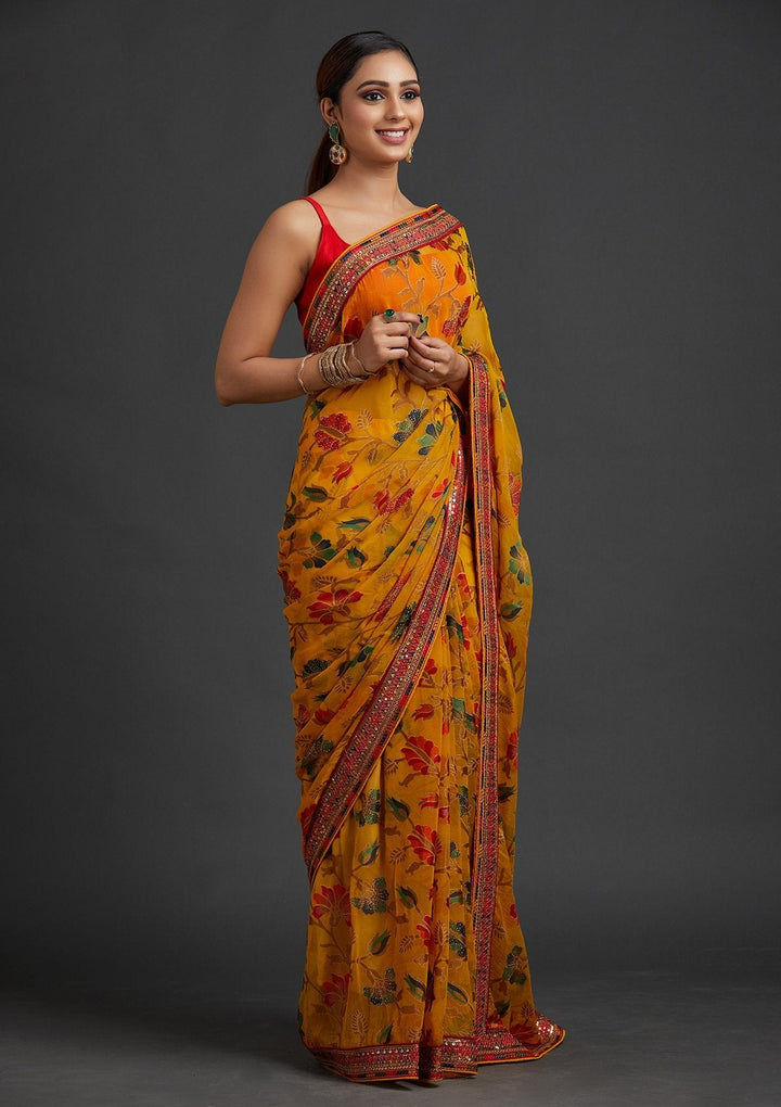 Yellow Sequins Georgette Designer Saree - koskii