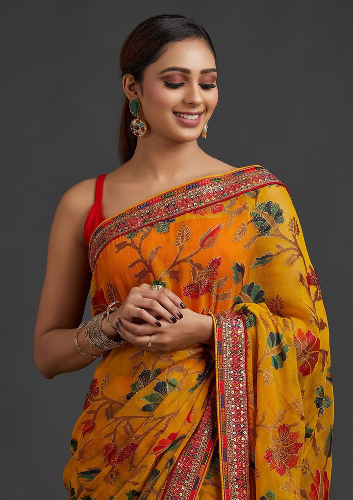 Yellow Sequins Georgette Designer Saree - koskii