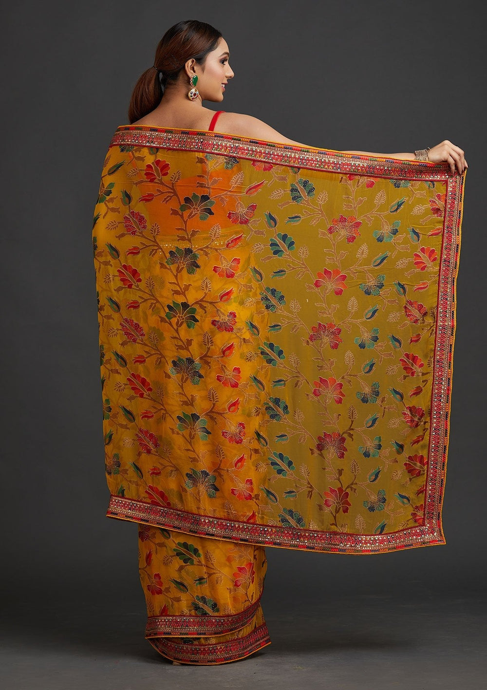 Yellow Sequins Georgette Designer Saree - koskii