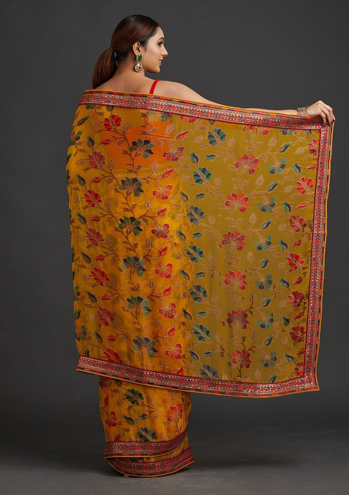 Yellow Sequins Georgette Designer Saree - koskii