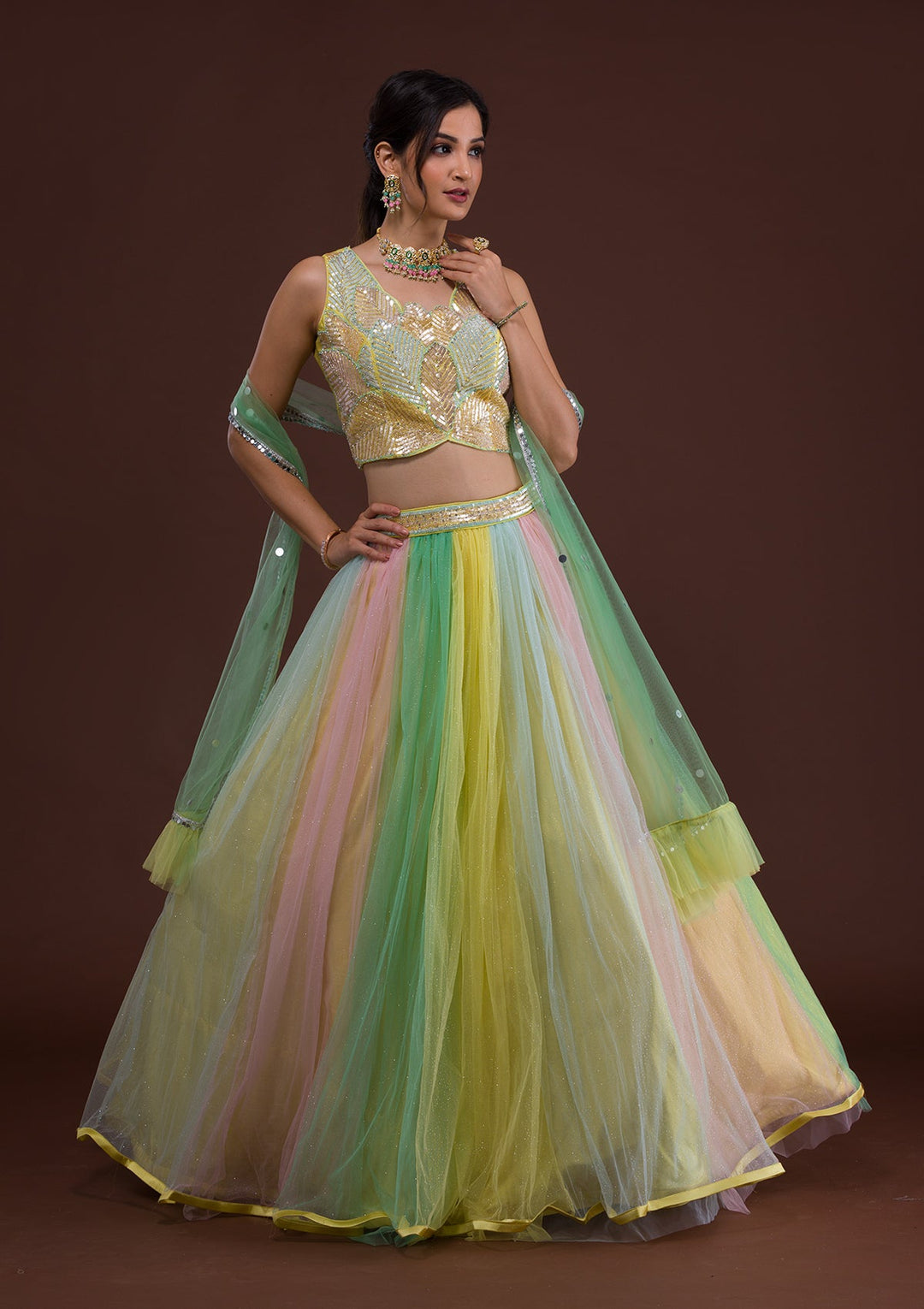 Yellow Sequins Net Designer Lehenga-Koskii