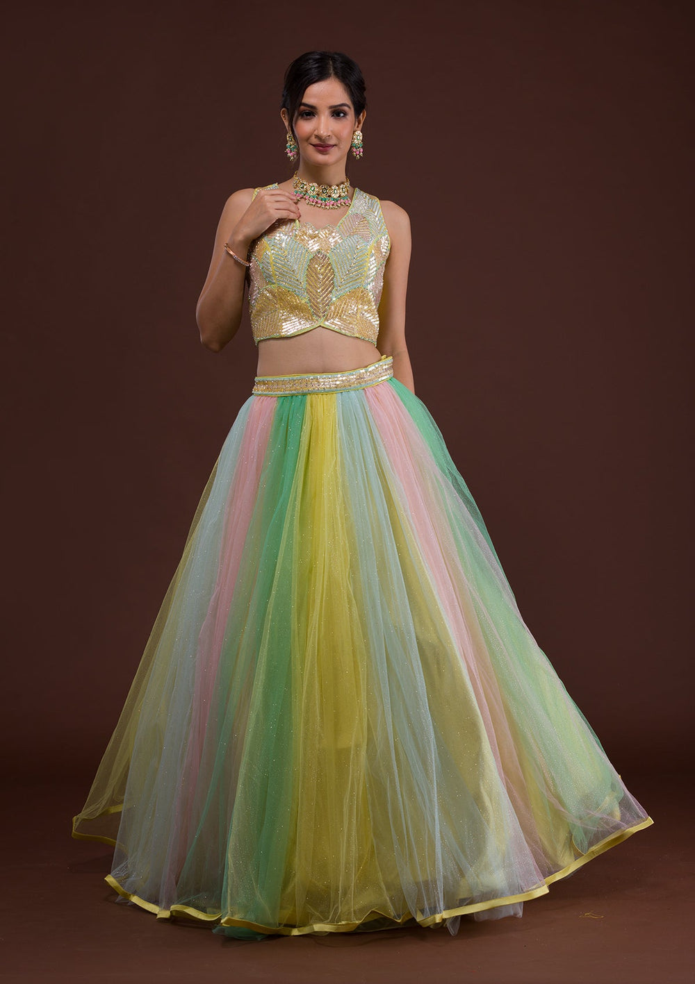 Yellow Sequins Net Readymade Lehenga-Koskii