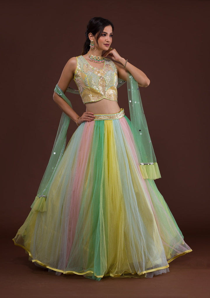 Yellow Sequins Net Readymade Lehenga-Koskii