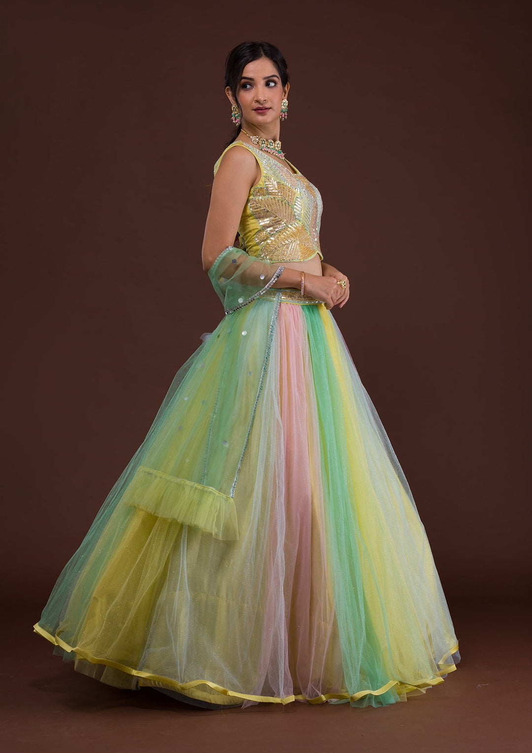 Yellow Sequins Net Readymade Lehenga-Koskii