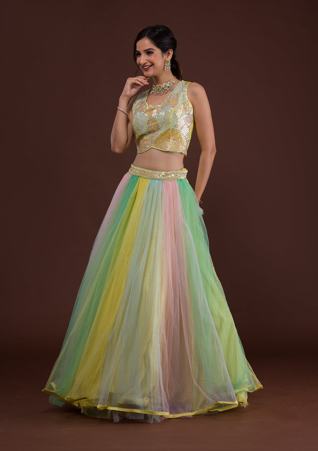 Yellow Sequins Net Readymade Lehenga-Koskii