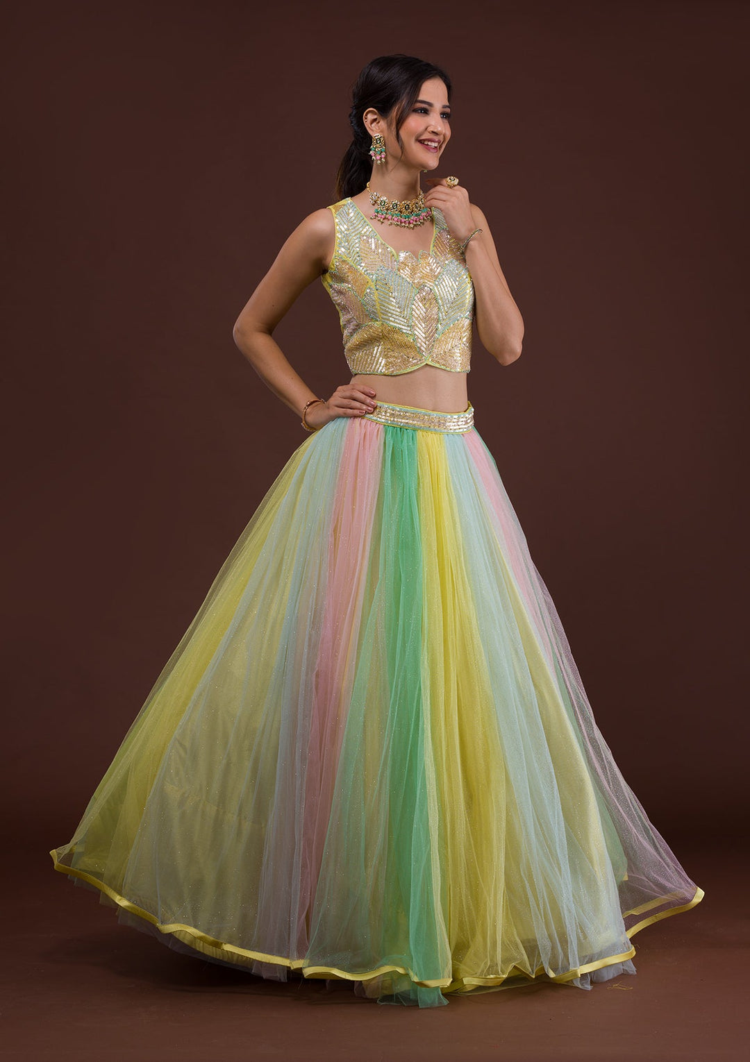 Yellow Sequins Net Readymade Lehenga-Koskii