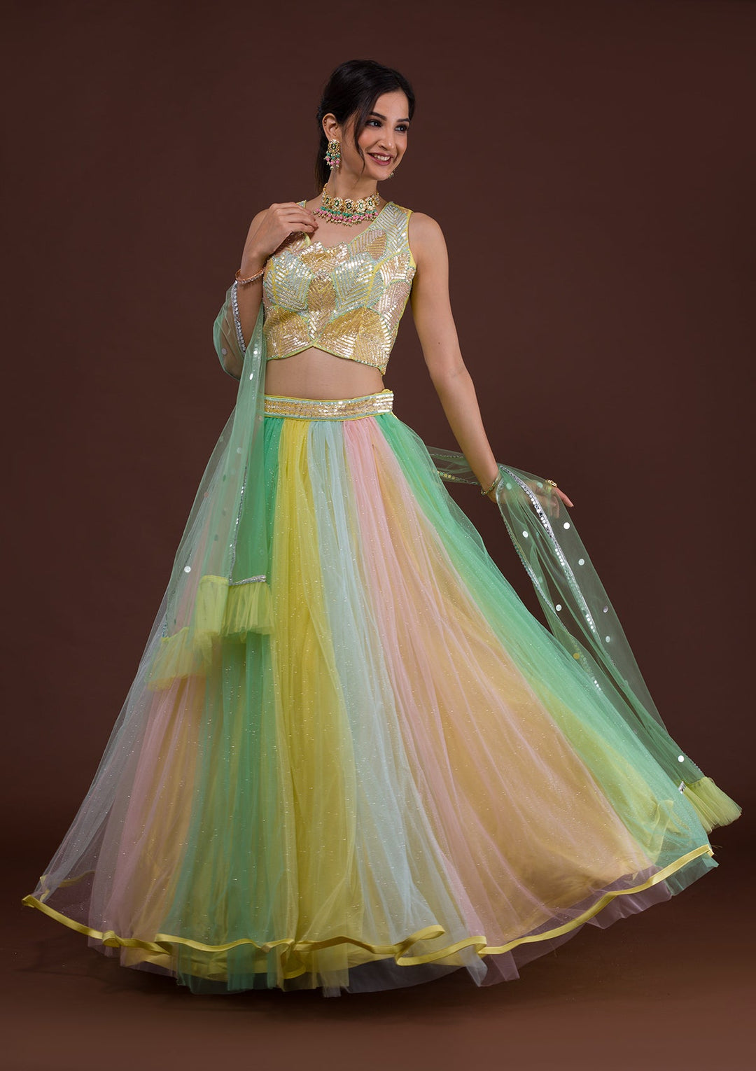 Yellow Sequins Net Readymade Lehenga-Koskii