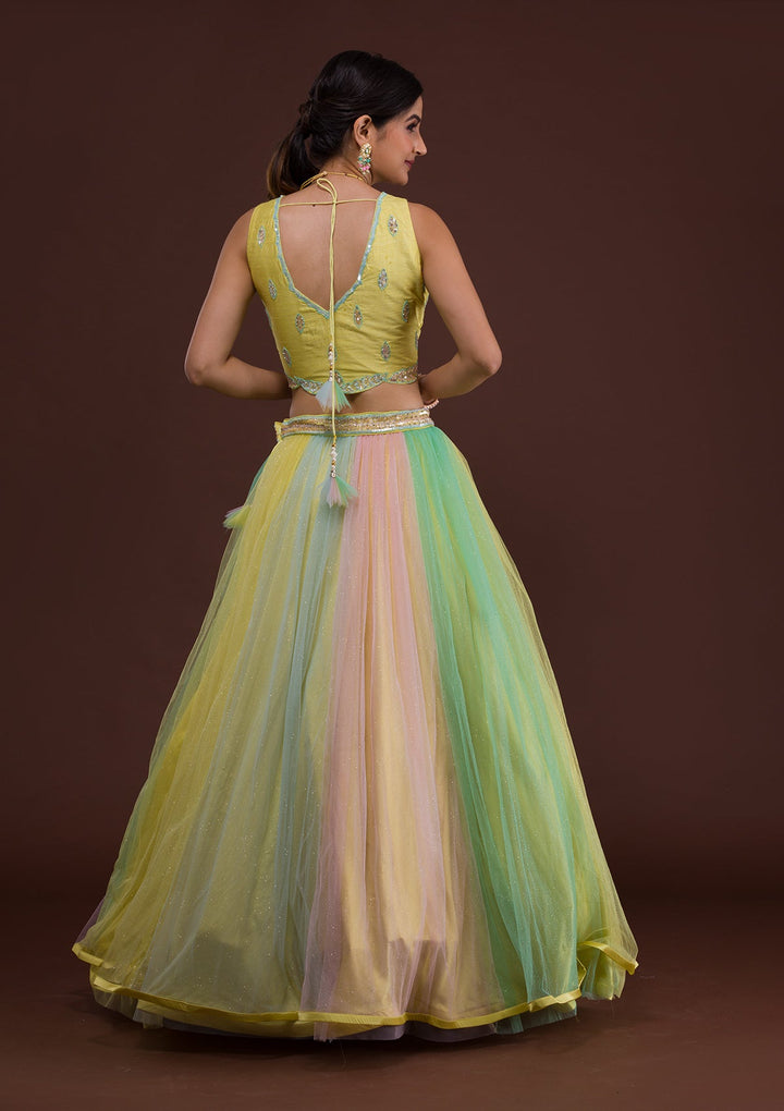 Yellow Sequins Net Readymade Lehenga-Koskii