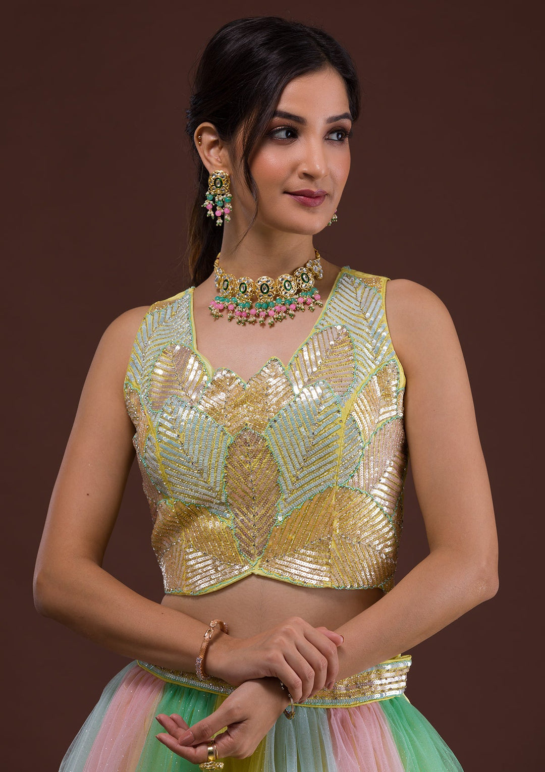 Yellow Sequins Net Readymade Lehenga-Koskii