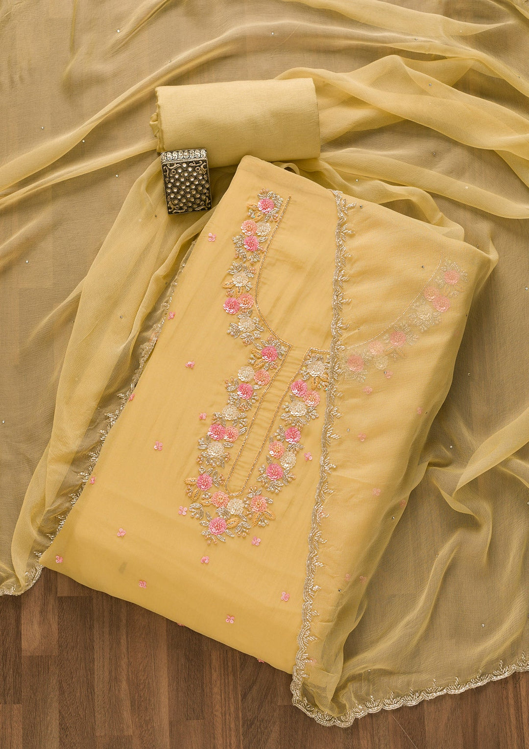 Yellow Sequins Organza Unstitched Salwar Kameez-Koskii