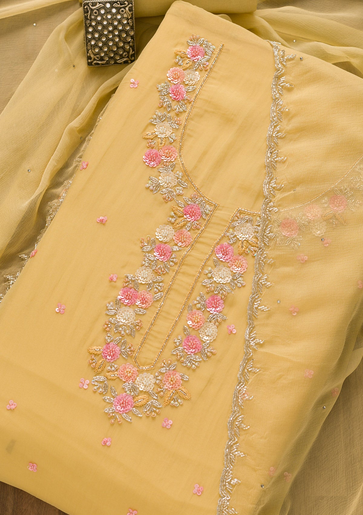 Yellow Sequins Organza Unstitched Salwar Kameez-Koskii
