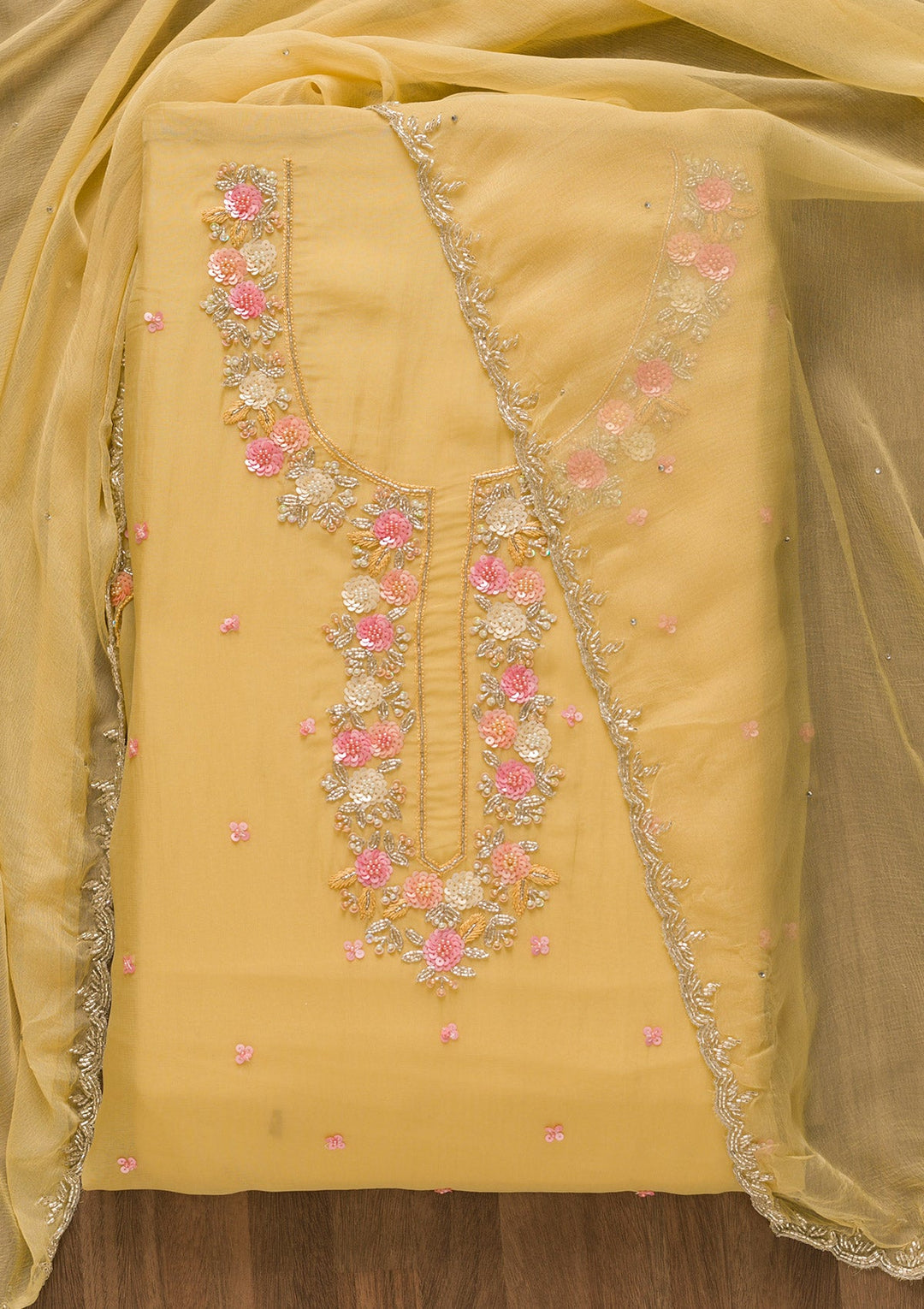 Yellow Sequins Organza Unstitched Salwar Kameez-Koskii