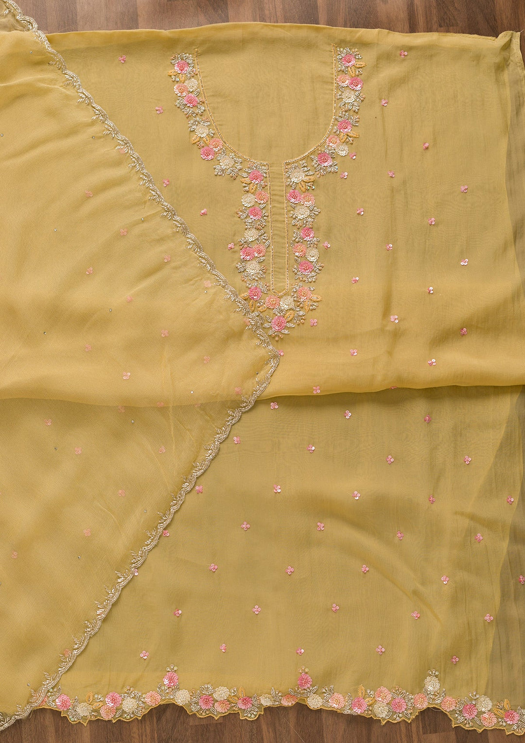 Yellow Sequins Organza Unstitched Salwar Kameez-Koskii