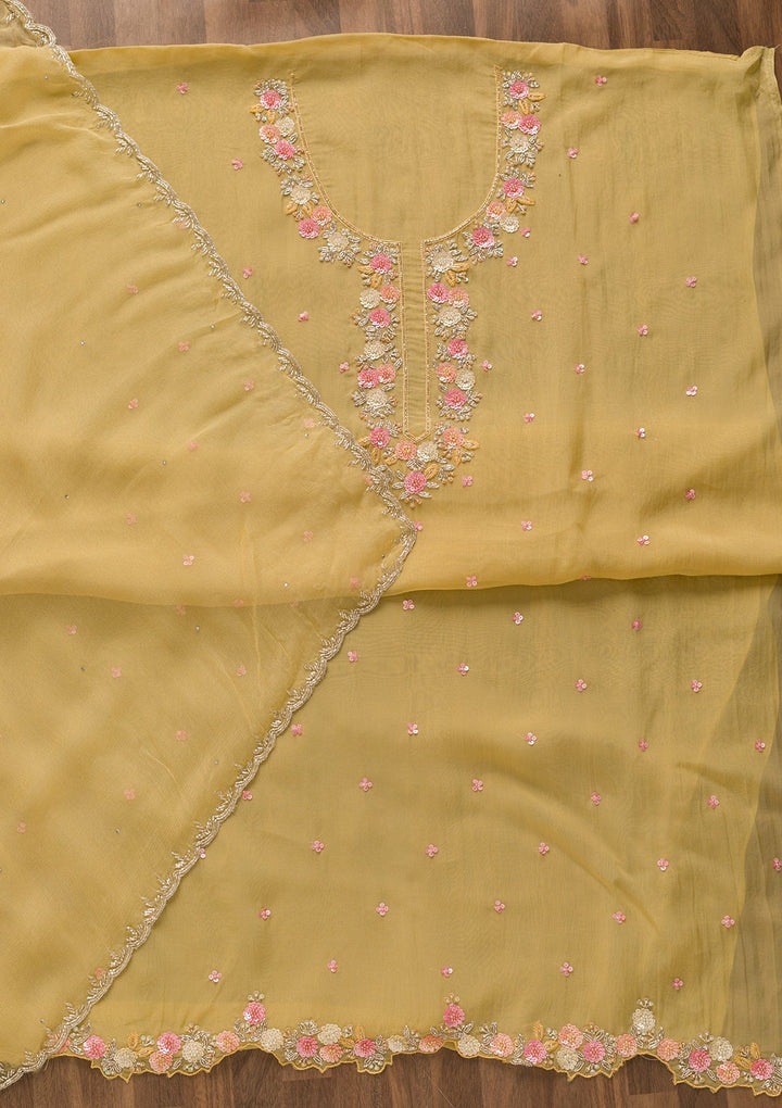 Yellow Sequins Organza Unstitched Salwar Kameez-Koskii