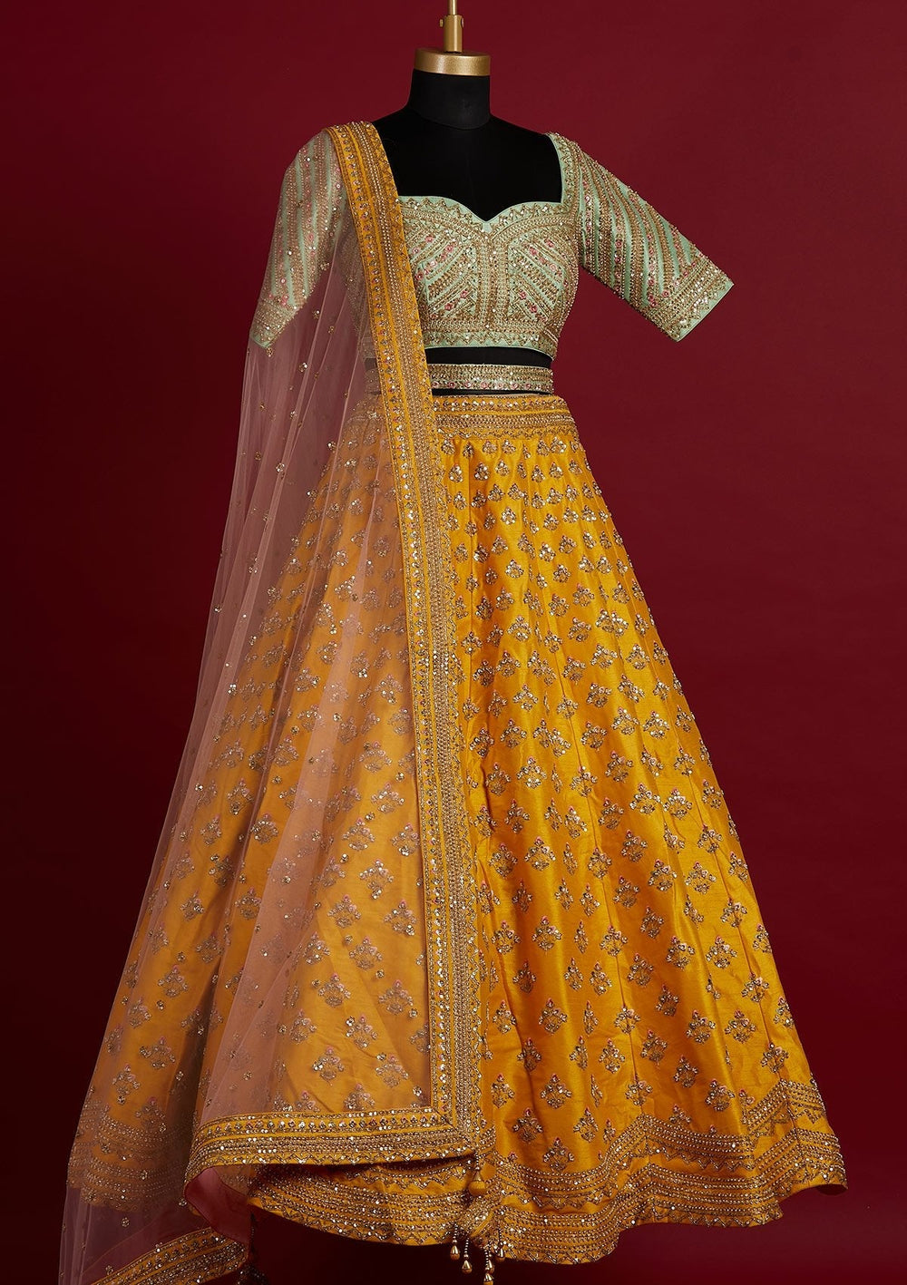 Yellow Sequins Raw Silk Designer Lehenga - koskii