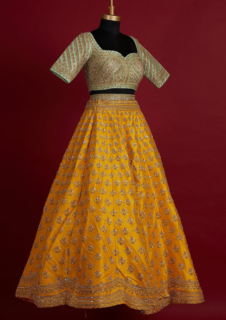 Yellow Sequins Raw Silk Designer Lehenga - koskii