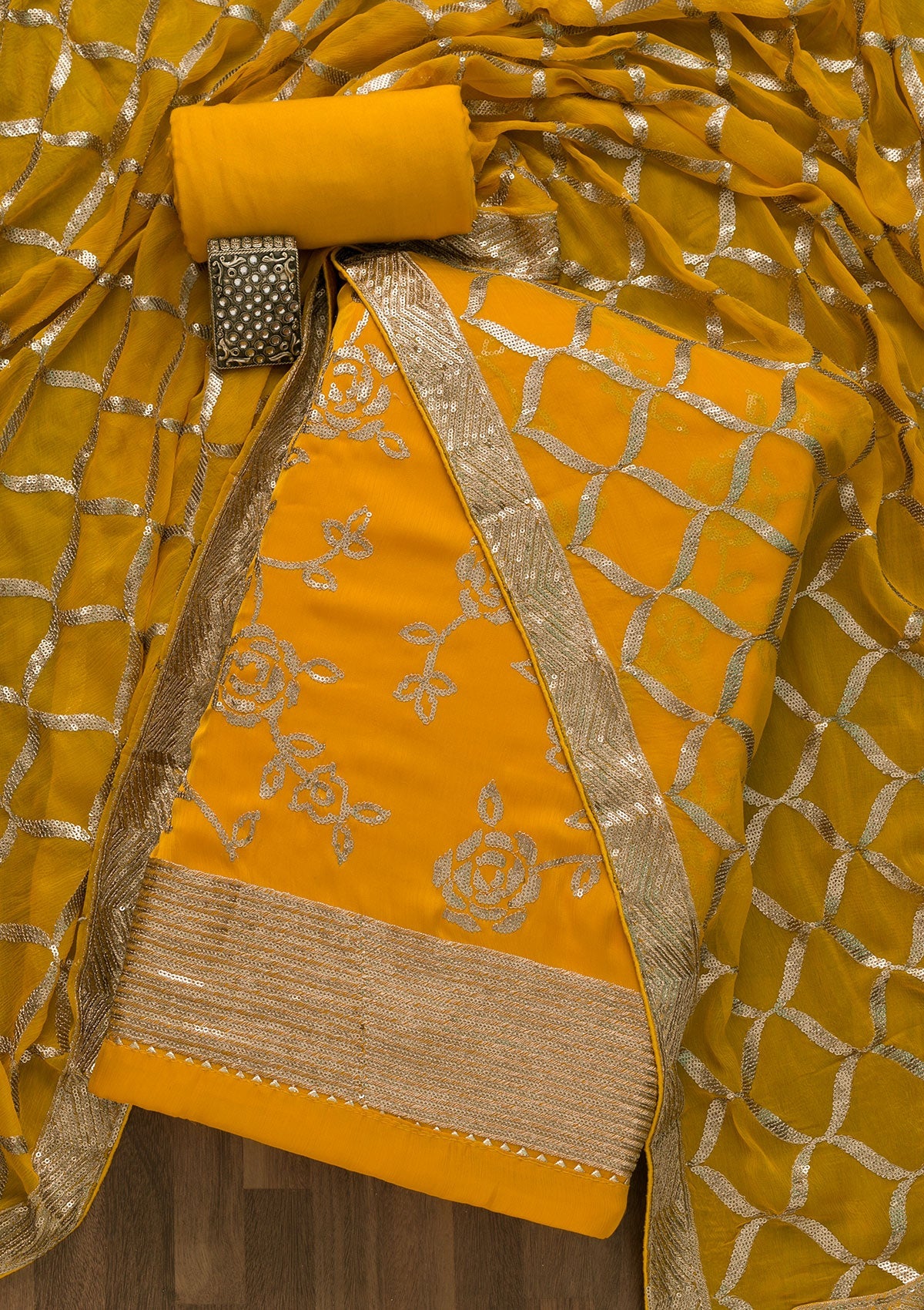 Yellow Sequins Satin Unstitched Salwar Suit-Koskii