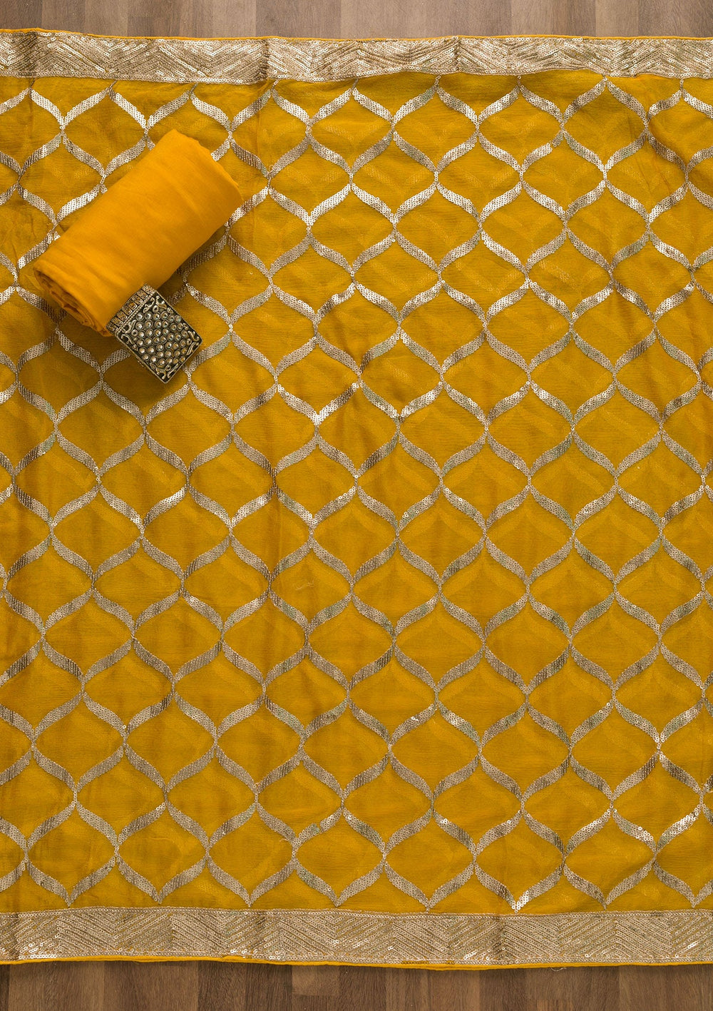 Yellow Sequins Satin Unstitched Salwar Suit-Koskii