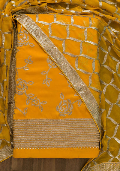 Yellow Sequins Satin Unstitched Salwar Suit-Koskii