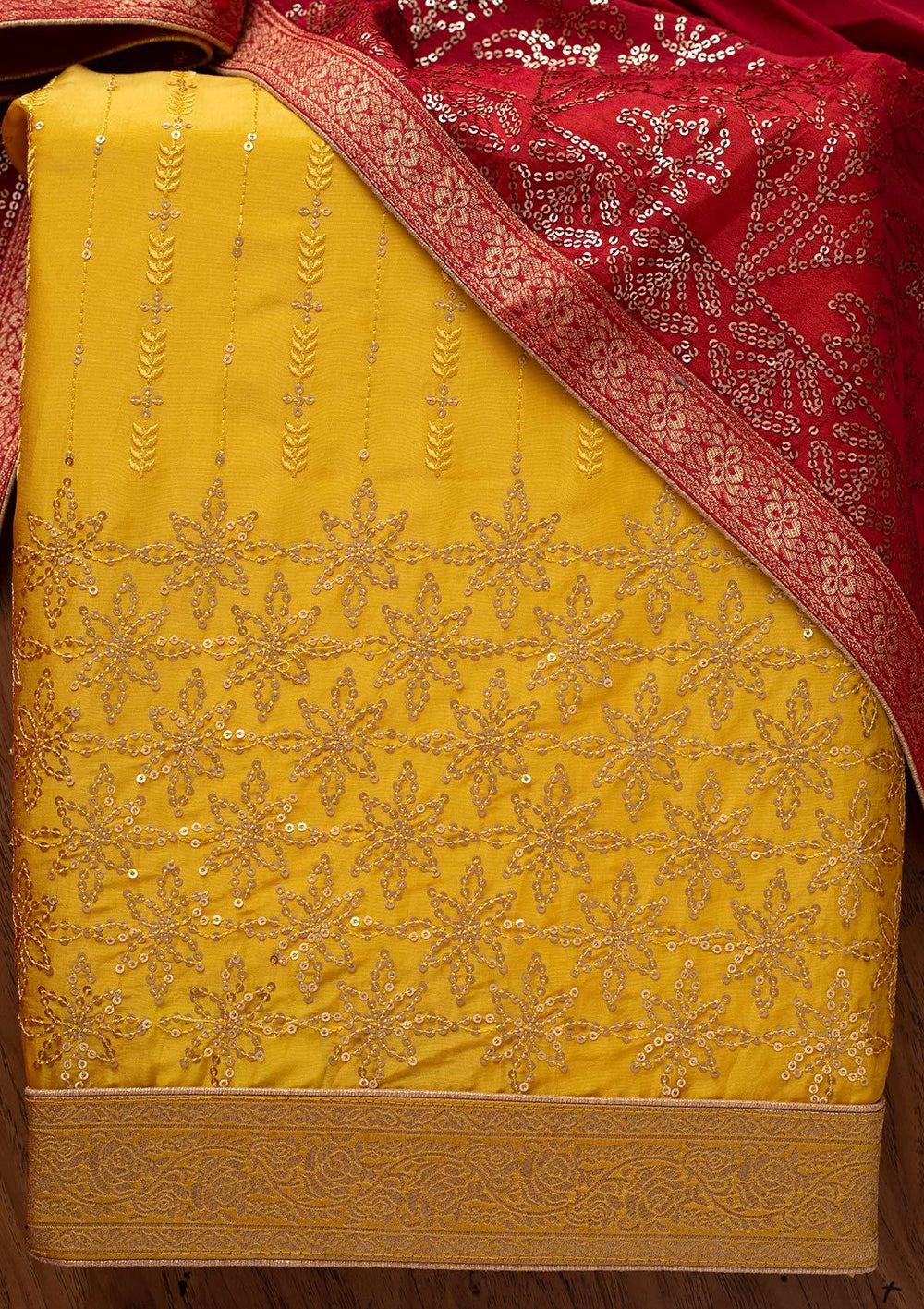 Yellow Sequins Satin Designer Unstitched Salwar Suit - koskii