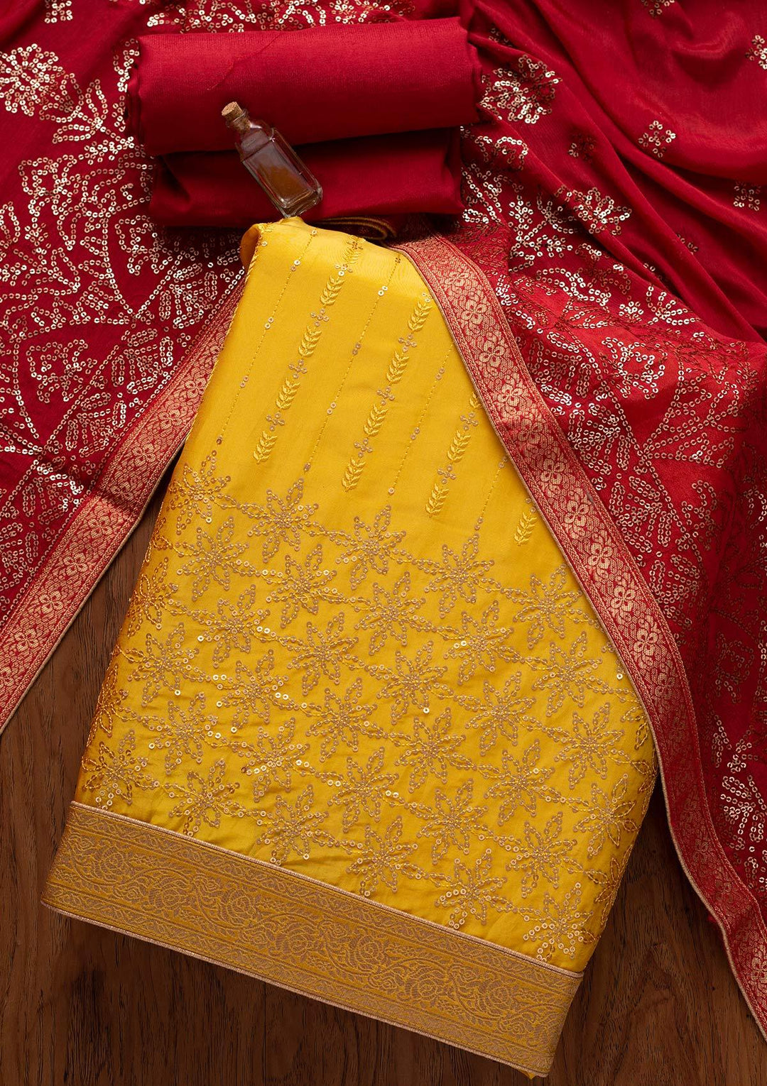 Yellow Sequins Satin Designer Unstitched Salwar Suit - koskii