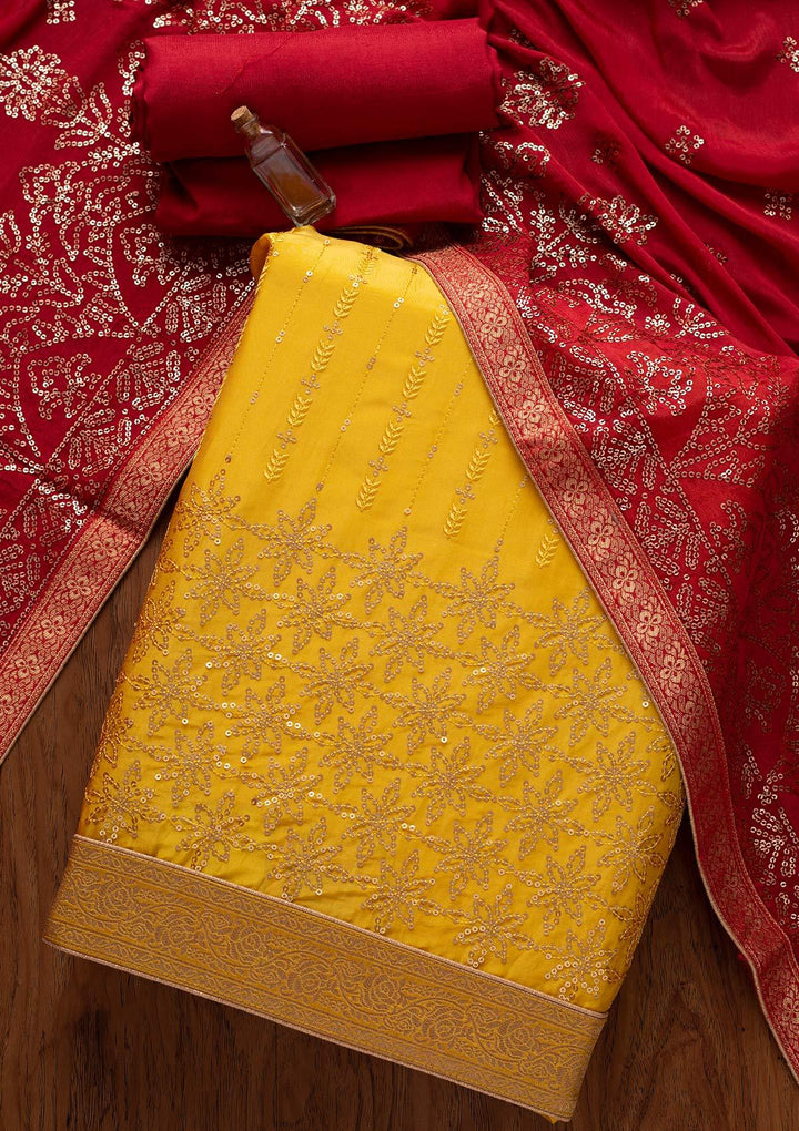 Yellow Sequins Satin Designer Unstitched Salwar Suit - koskii