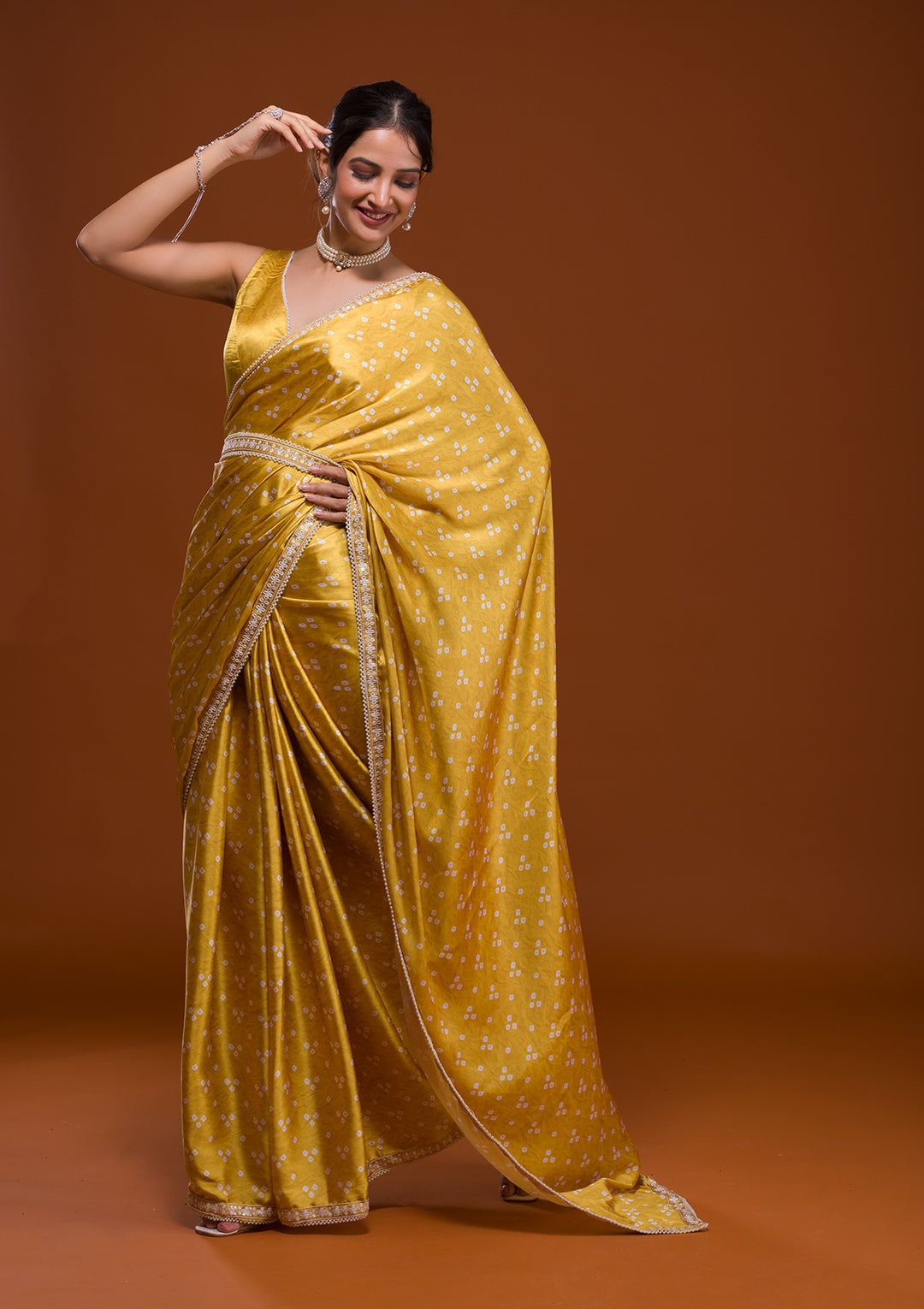 Yellow Bandhani Satin Saree-Koskii