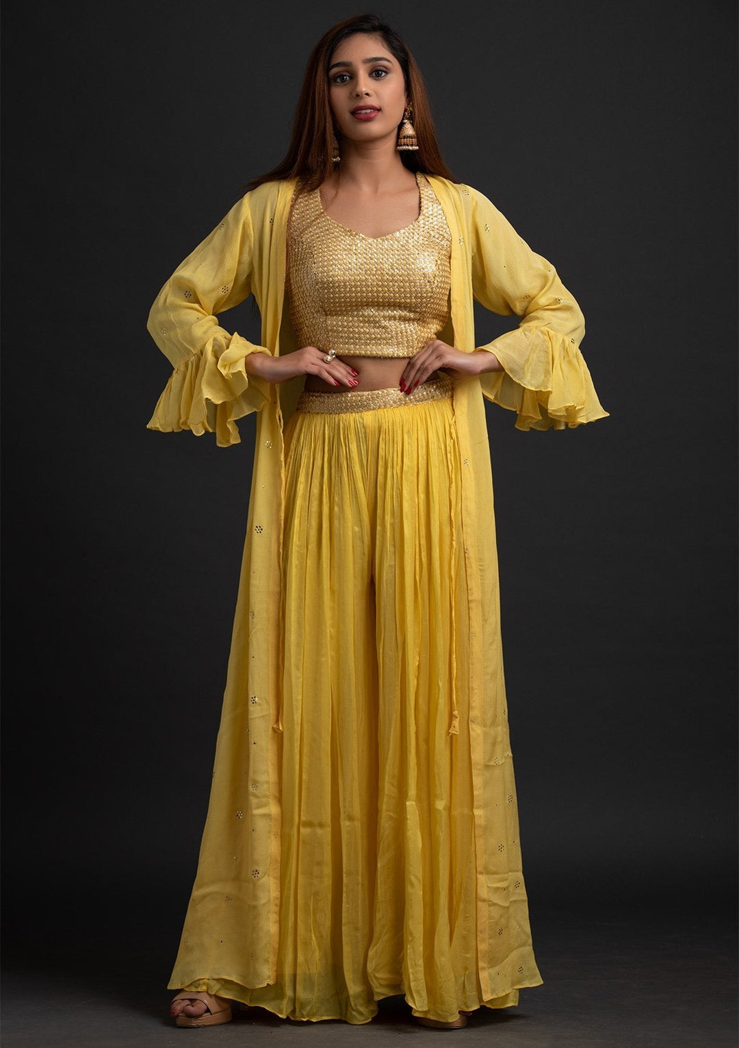 Yellow Sequins Semi Crepe Designer Salwar-Suit - koskii