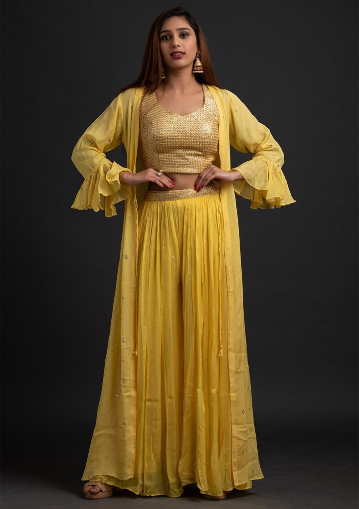 Yellow Sequins Semi Crepe Designer Salwar-Suit - koskii