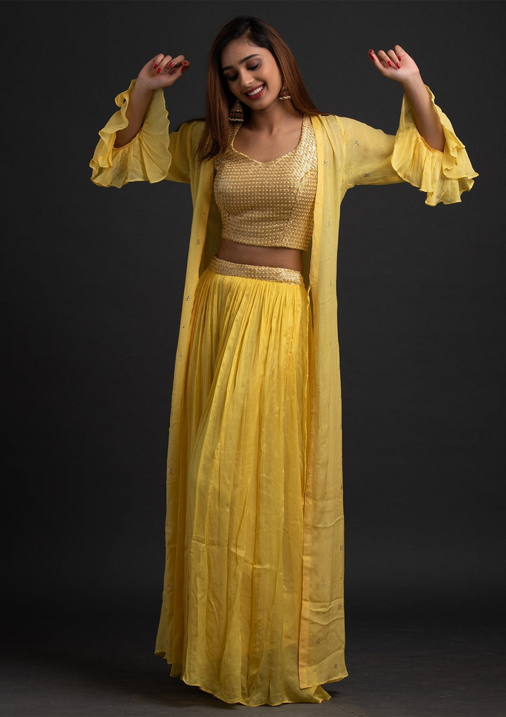 Yellow Sequins Semi Crepe Designer Salwar-Suit - koskii