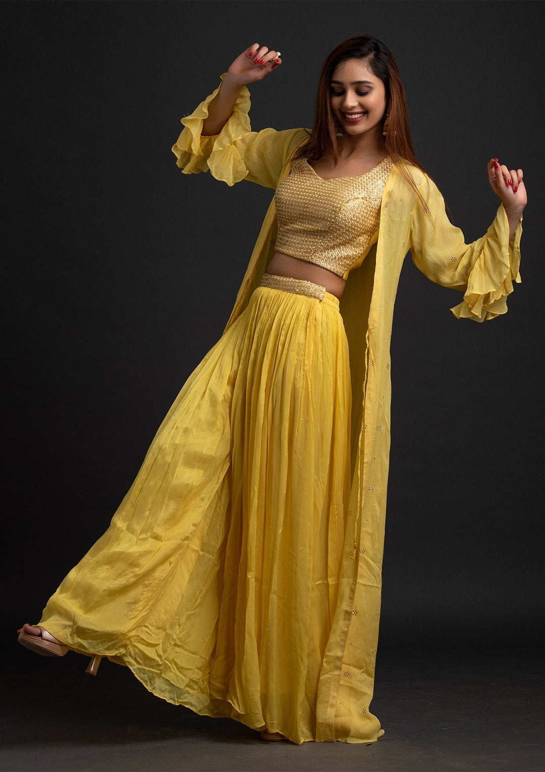 Yellow Sequins Semi Crepe Designer Salwar-Suit - koskii
