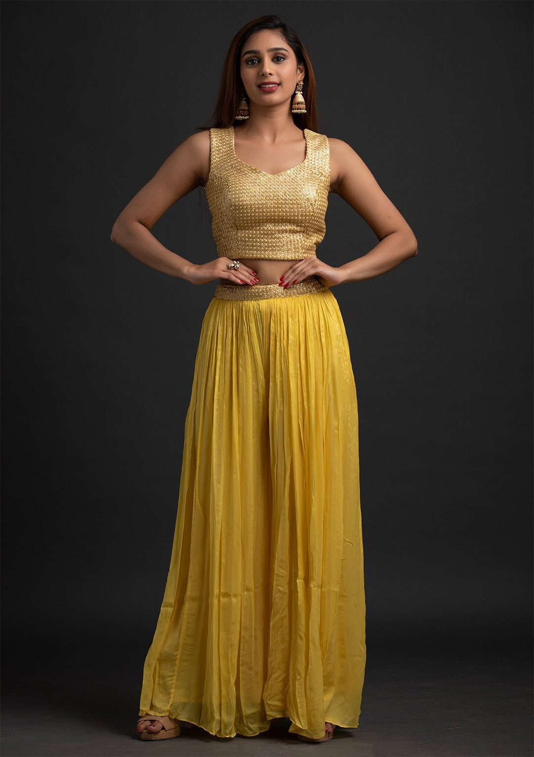 Yellow Sequins Semi Crepe Designer Salwar-Suit - koskii