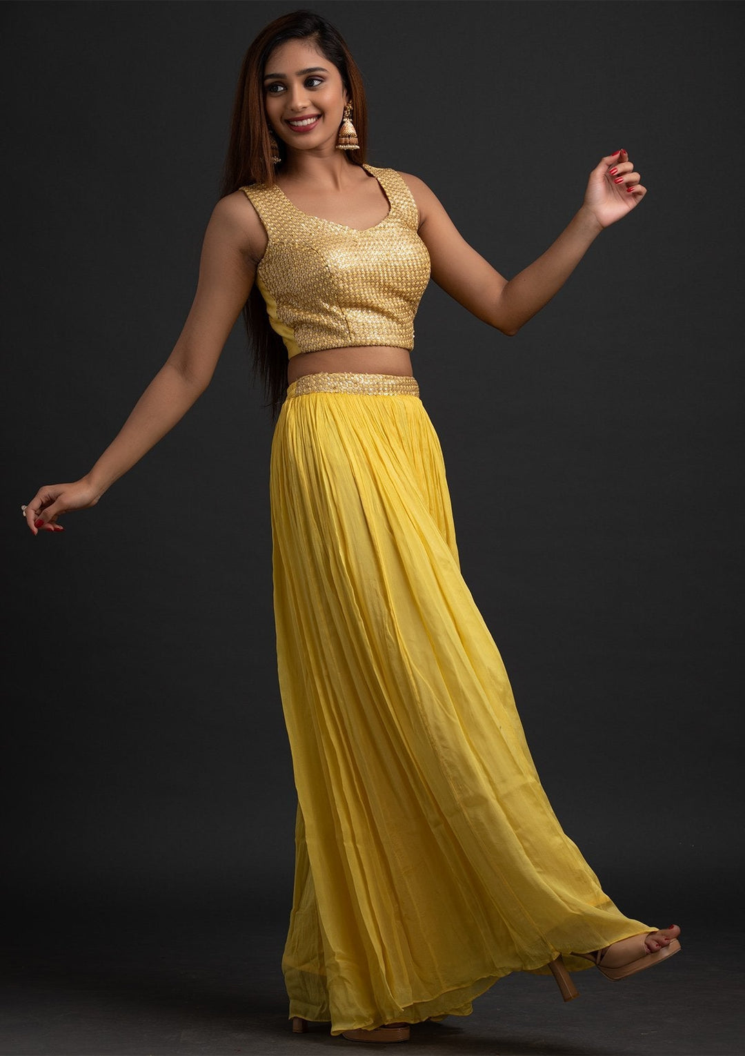 Yellow Sequins Semi Crepe Designer Salwar-Suit - koskii