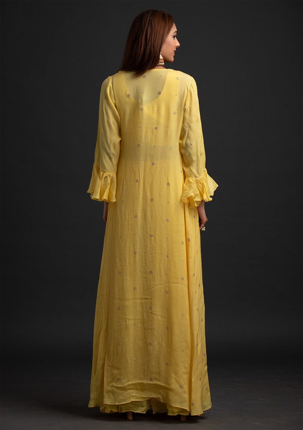 Yellow Sequins Semi Crepe Designer Salwar-Suit - koskii