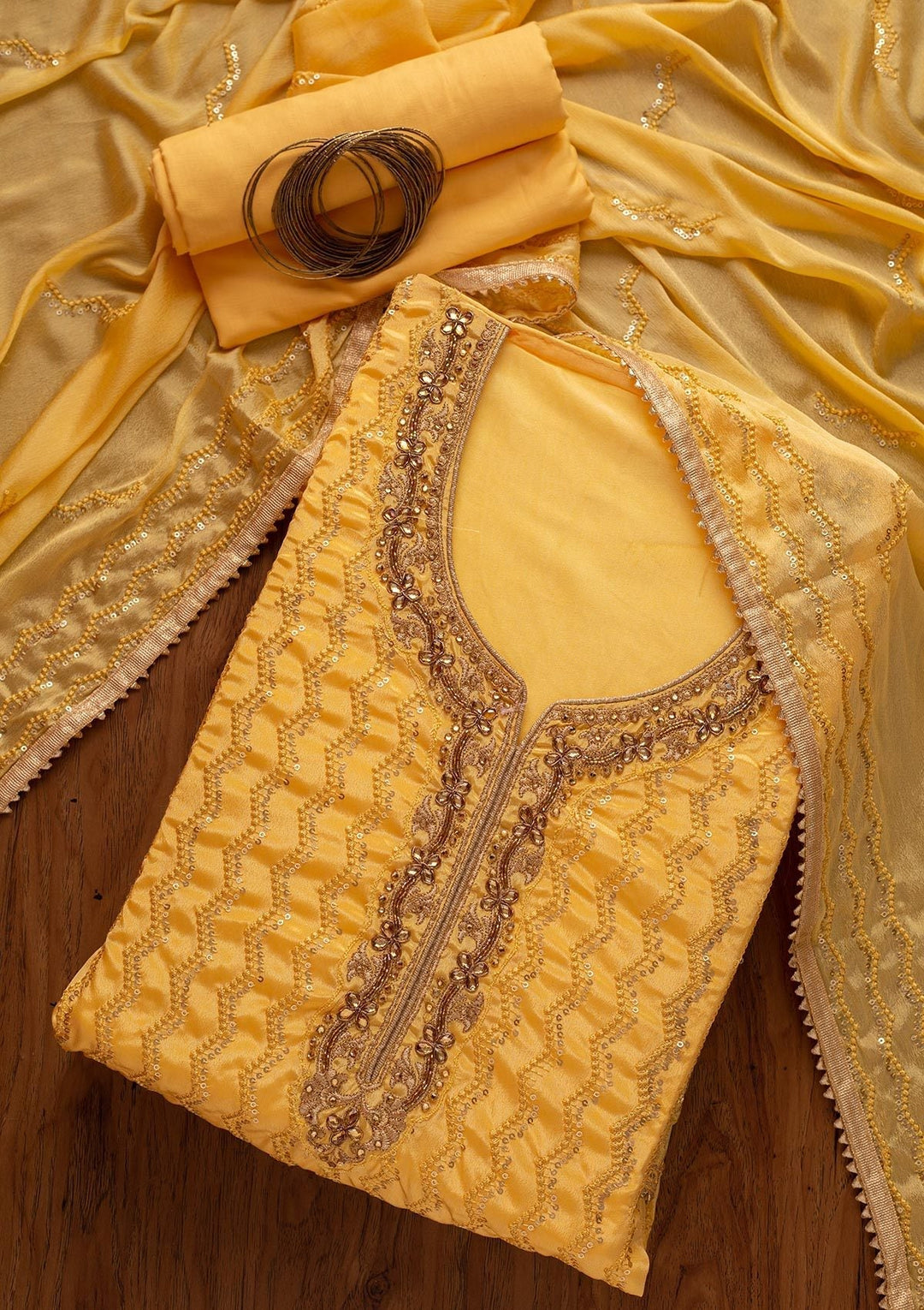 Yellow Sequins Semi Crepe Designer Unstitched Salwar Suit - koskii